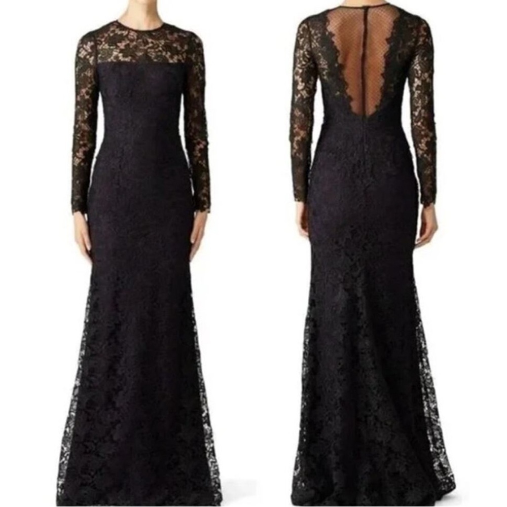 ML Monique Lhuillier Lace Tower Dress Sheer Back Lace Over purple underlay Sz 6